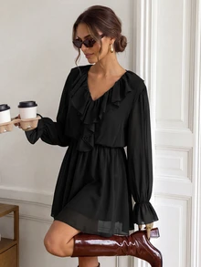 Easowa Women's Solid Color Ruffle Collar Long Sleeve Fashion Short Dress - Black - View 4