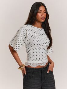 SHEIN BAE 女款可追溯棉質波點蕾絲白色性感T恤上衣 - 黑與白 - 查看 4