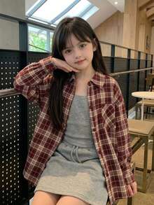 DAZY Tween Girl) Casual Long Sleeve Plaid Shirt With Collar, Basic Autumn Outerwear - Burgundy - View 4