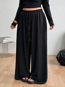 Coolane 女款大尺碼夏秋度假優雅正式休閒波西米亞風抽繩腰鬆身長褲 高腰巧克力黑 - 黑色 - 查看 3