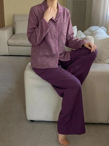 DAZY 2pcs/Set Women's Bow Print Lapel Cardigan Long Sleeve Top & Straight Leg Long Pajama Pants Sleepwear Set - Purple - View 6