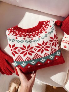 Comfortcana Women's Christmas Print Round Neck Long Sleeve Sweater - Red - View 3