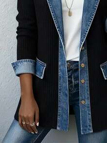SHEIN Franclia Women's Fall Winter Denim Print Contrast Lapel Blazer Corduroy Woven Ribbed Long Sleeve Button Down Jacket With Pockets Casual Office Outerwear - Black - View 3