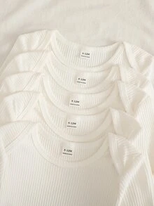SHEIN 5件組新生兒男嬰連身衣可愛甜美白色羅紋領肩扣長袖圓領生日派對冬季聖誕節假期 - 白色 - 查看 7