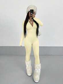 StreetHx Streetwear Women's Solid Color Long Sleeve Half-Zip Jumpsuit, Autumn - Yellow - View 6