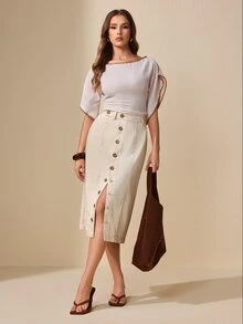 Selenza Women's Fashion Versatile Button Denim Skirt - Beige - View 7