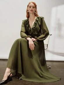 Aveloria Modichic European And American Style Autumn/Winter New Fashion Versatile Solid Color Chiffon V-Neck Elegant Commute Design Multi-Layer Ruffle Hem Women's Long Dress - Army Green - View 5