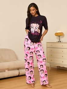 Betty Boop x SHEIN Women's Cartoon Print Short Sleeve Top And Long Pants Casual Daily Home Sleepwear Set - Black and Pink - View 4