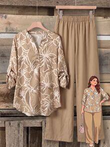 Rusticease Plus Size Women's All-Over Print Long Sleeve Top And Pants Casual Daily 2 Pieces Set - Multicolor - View 3