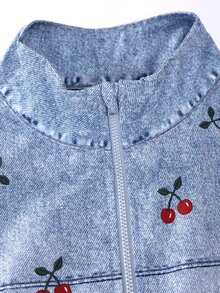 SHEIN 青少年女孩秋冬櫻桃仿牛仔印花拉鍊運動夾克與寬腿長褲2件套 - 藍色 - 查看 6