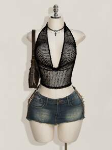 SHEIN ICON 夏季 Y2K 風格女款無袖露背素色垂領短版性感細肩帶背心上衣 - 黑色 - 查看 3