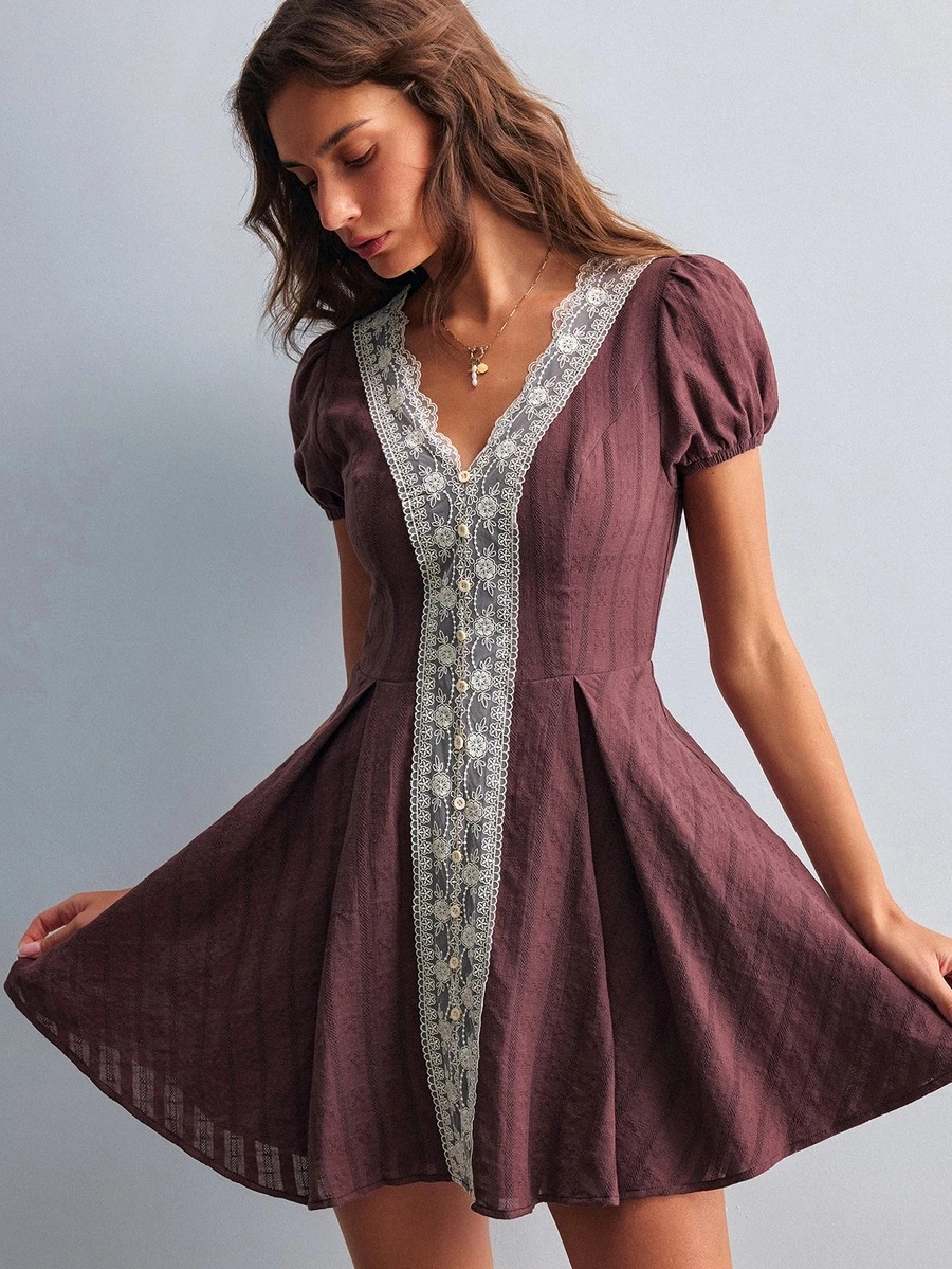 Willow Rêve Women's Lace Patchwork Brown Chiffon Mini Dress - Brown - View 1