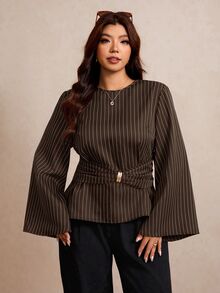 Elaquor Plus Size Fashion Commuter Striped Waist-Cinching Blouse Fall - Brown - View 7