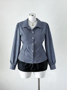 Sunspun Women's Plus Size Blue White Stripe Cinched Waist Casual Elegant Sexy Smart Shirt Fall Office Party Night - Blue - View 5