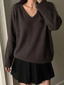 DAZY 女款V領長袖寬鬆休閒針織衫 - 綠色 - 查看 5
