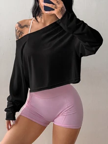 Coolane Women's Solid Color Asymmetrical Shoulder Long Sleeve Sports T-Shirt - Black - View 4