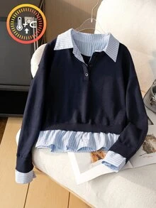 SHEIN 8-12歲女童海軍藍假兩件式針織毛衣，搭配藍白條紋襯衫領，落肩半開鈕扣前襟短版套頭上衣，學院風休閒上衣，適合春秋穿著 - 藏蓝色 - 查看 1