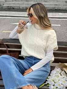 SHEIN Frenchy Women's Autumn/Winter Cable Knit Stand Collar Casual Loose Knit Top,Fall/Winter Elegant Formal Luxury Business Chic Basic Christmas - Multicolor - View 5