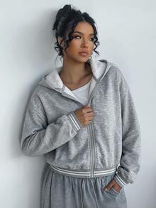 SHEIN BASICS Sweatshirt Fleece Wanita Nyaman dengan Resleting Penuh, Hangat dan Nyaman untuk Pemakaian Sehari-hari di Musim Gugur/Dingin - Grey - View 7