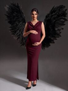 Cheriluna Maternity Burgundy Shiny Fabric Ruched Neck Maternity Portrait Dress, Sleeveless Tank Top Bodycon Split Fishtail, Elegant And Glamorous For Evening Party - Burgundy - View 8