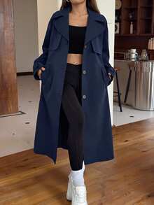 SHEIN EZwear 1件女款素色梭織長版繫帶前開扣風衣外套，秋冬款 - 藏蓝色 - 查看 5
