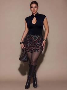 SHEIN BAE CURVE Plus Size Women's Black Hollow Cap Sleeve Fitted Top - Black - View 7