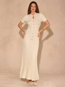 Enchnt Elegant Button Decor Round Neck Short Sleeve Fitted Sweater Dress Suitable For Daily Wear - Apricot - View 2