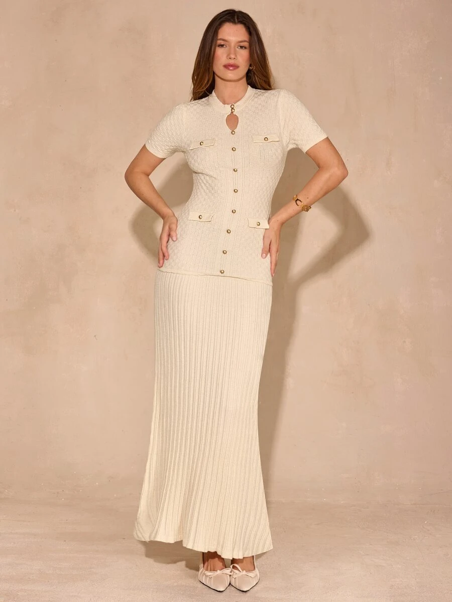 Enchnt Elegant Button Decor Round Neck Short Sleeve Fitted Sweater Dress Suitable For Daily Wear