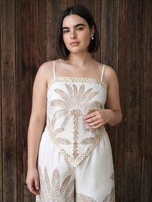 CAJUNI Plus Size Women's Coconut Tree Print Cami Top And Pants Casual Everyday Set - Beige - View 1