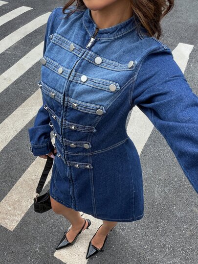Siren Gaze Women's Zipper Front Napoleon Buckle Denim Mini Dress, Fall Dress For Women, Casual Versatile, Stand Collar Dress, Comfortable Denim, Street Style.