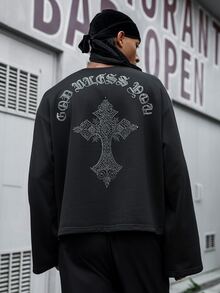 Major Grit 男士水鑽字母十字圖案長袖休閒T恤 - 黑色 - 查看 2