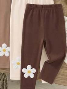Baby Girl 1 Random Piece Cute Sweet Floral Faux Embroidery Print Long Pants Leggings Soft Fabric Suitable For Christmas Autumn Winter - Multicolor - View 5