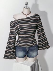SHEIN ICON 大尺碼 Y2K 復古不對稱肩針織收腰 T-shirt 上衣，休閒復古不對稱領長袖上衣 - 彩色 - 查看 3