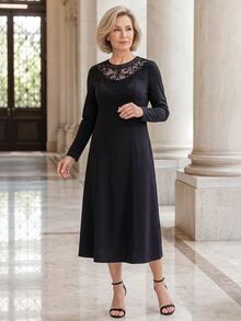 EMERY ROSE Elegant Contrast Lace Round Neck Long Sleeve Dress For Middle-Aged And Elderly Women - Black - View 5