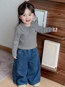 DAZY Baby Girl Button Half-Placket Embroidered Long Sleeve Sweater - Grey - View 5