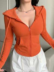 DAZY Valentine's Day Women's Fitted Hooded Zip-Up T-Shirt T-Shirt Fall Long Sleeve Tops - Orange - View 2