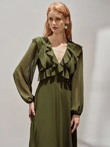 Aveloria Modichic European And American Style Autumn/Winter New Fashion Versatile Solid Color Chiffon V-Neck Elegant Commute Design Multi-Layer Ruffle Hem Women's Long Dress - Army Green - View 4