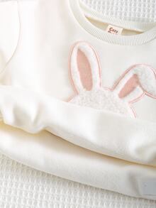 Cozy Pixies 3件組女嬰休閒舒適百搭可愛兔子刺繡圓領加厚抓絨棉背心外套附鬆緊腰長褲套裝，秋冬可愛滑雪、外出、日常、玩耍、假日穿搭 - 彩色 - 查看 5