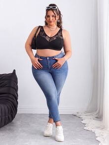 SHEIN CURVE+ Plus Size Solid Color Mesh Insert Wireless Curved Brasummer/Country/Beach Vacation Outfits - Black - View 7