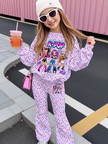 女童小女孩字母卡通印花長袖秋季休閒日常運動衫與運動褲套裝 - 彩色 - 查看 6