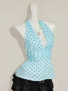 SHEIN ICON 掛脖深V領收腰A字露背波點背心上衣 - 淺藍色 - 查看 7