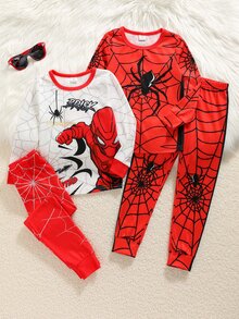 SHEIN Kids 4pcs Young Boy Red Pattern Casual Minimalist Snug Fit Comfortable Thick Long Sleeve Crew Neck Pants Loungewear Suitable For Autumn/Winter - Red - View 3