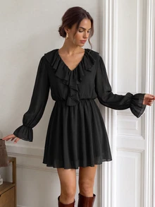 Easowa Women's Solid Color Ruffle Collar Long Sleeve Fashion Short Dress - Black - View 3