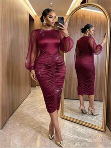 SHEIN Lady CURVE Plus Size Women's Solid Color Round Neck Contrast Mesh Lantern Sleeve Ruched Fitted Elegant Dress - Burgundy - View 1