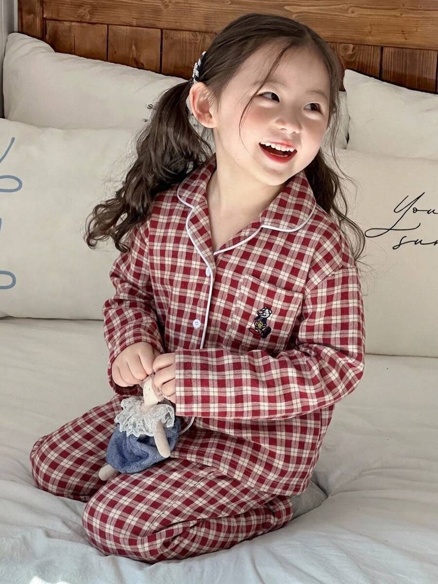 Dazy Kids 女童秋季小格紋刺繡長袖居家休閒套裝 - 藍白色 - 查看 1