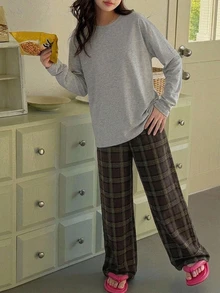 Dazy Kids Long Sleeve T-Shirt Style Plaid Casual Pants Loose Straight Leg Versatile Long Pants Tween Girls Loungewear - Brown - View 5