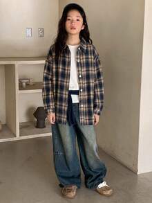 Dazy Kids (Tween Girl) 寬鬆格紋襯衫，全新秋季風格，長袖休閒外套上衣 - 藏蓝色 - 查看 3