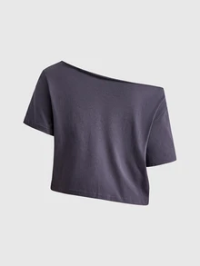 ROMWE Summer Street Style Hot Girl New Chinese Style Chinese Character Tiger Seal Print Asymmetric Shoulder Rolled Hem Loose Short T-Shirt - Grey - View 2