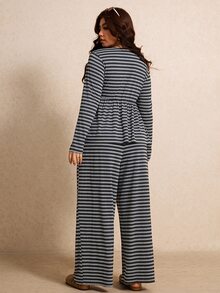 Elaquor Plus Size Striped Colorblock Long Sleeve Top And Loose Pants 2 Pieces Set Casual Daily Going Out Sets For Women Fall/Winter Casual Office Striped Set - Dark Grey - View 2