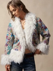 Bohemela Women's Jacquard Patchwork Fuzzy Long Sleeve Loose Fashion Jacket - Multicolor - View 6